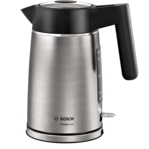 Електрическа кана, Bosch TWK5P480, Stainless steel Kettle, 2400 W, 1.7 l, Cup indicator, Optimal spout, Triple Safety function, Covered heater, Stainless steel