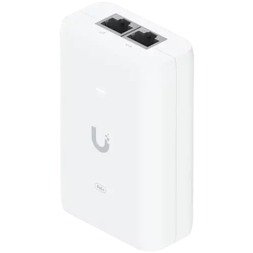 Ubiquiti U-POE+ adapter 30W, powers UniFi PoE+ devices, reduce dependency on PoE switch power, Contains RJ45 data input, AC cable with earth ground, and PoE+ output