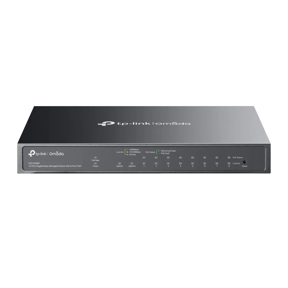 Omada Easy Managed Switch Gigabit 10 θυρών με 8 θύρες PoE+, 8× θύρες Gigabit PoE+, 1x θύρα Gigabit χωρίς PoE, 1× θύρα Combo Gigabit RJ45/SFP