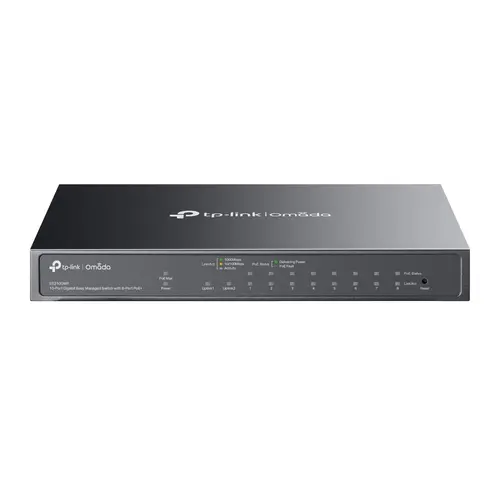 Omada 10-Port Gigabit Easy Managed Switch with 8-Port PoE+ 8× Gigabit PoE+ Ports, 1x Gigabit Non-PoE Ports, 1× Combo Gigabit RJ45/SFP Port 802.3at/af, 123 W PoE Power, Desktop Steel Case and Fanless Integration with Omada SDN Controller