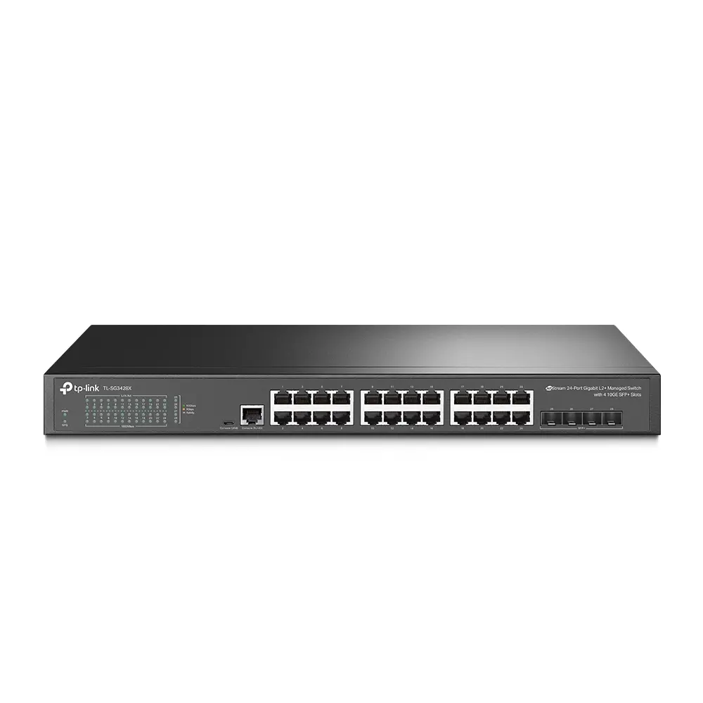 TP-Link SG3428X Omada 24-θυρο Gigabit L2+ Managed Switch με 4 υποδοχές 10GE SFP+, 24× θύρες Gigabit RJ45 και 4× υποδοχές 10GE SFP+, Omada APP, Static