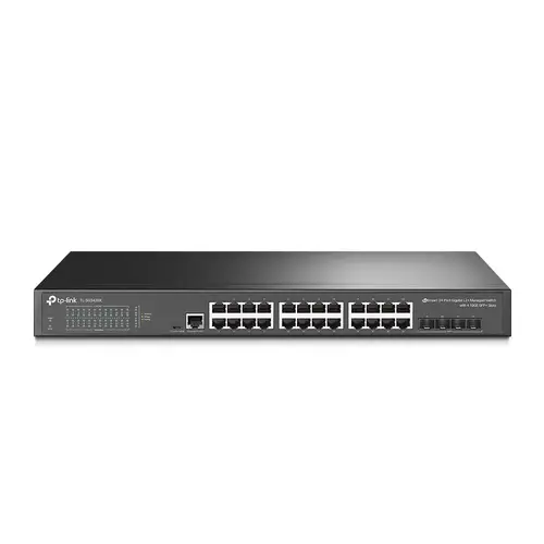 TP-Link SG3428X Omada 24-Port Gigabit L2+ Managed Switch with 4 10GE SFP+ Slots, 24× Gigabit RJ45 ports and 4× 10GE SFP+ slots, Omada APP, Static Routing, VLAN, ACL, QoS, IGMP Snooping, OAM, DDM, ERPS, Fanless, 1U, Zero-TouchProvisioning, ERPS