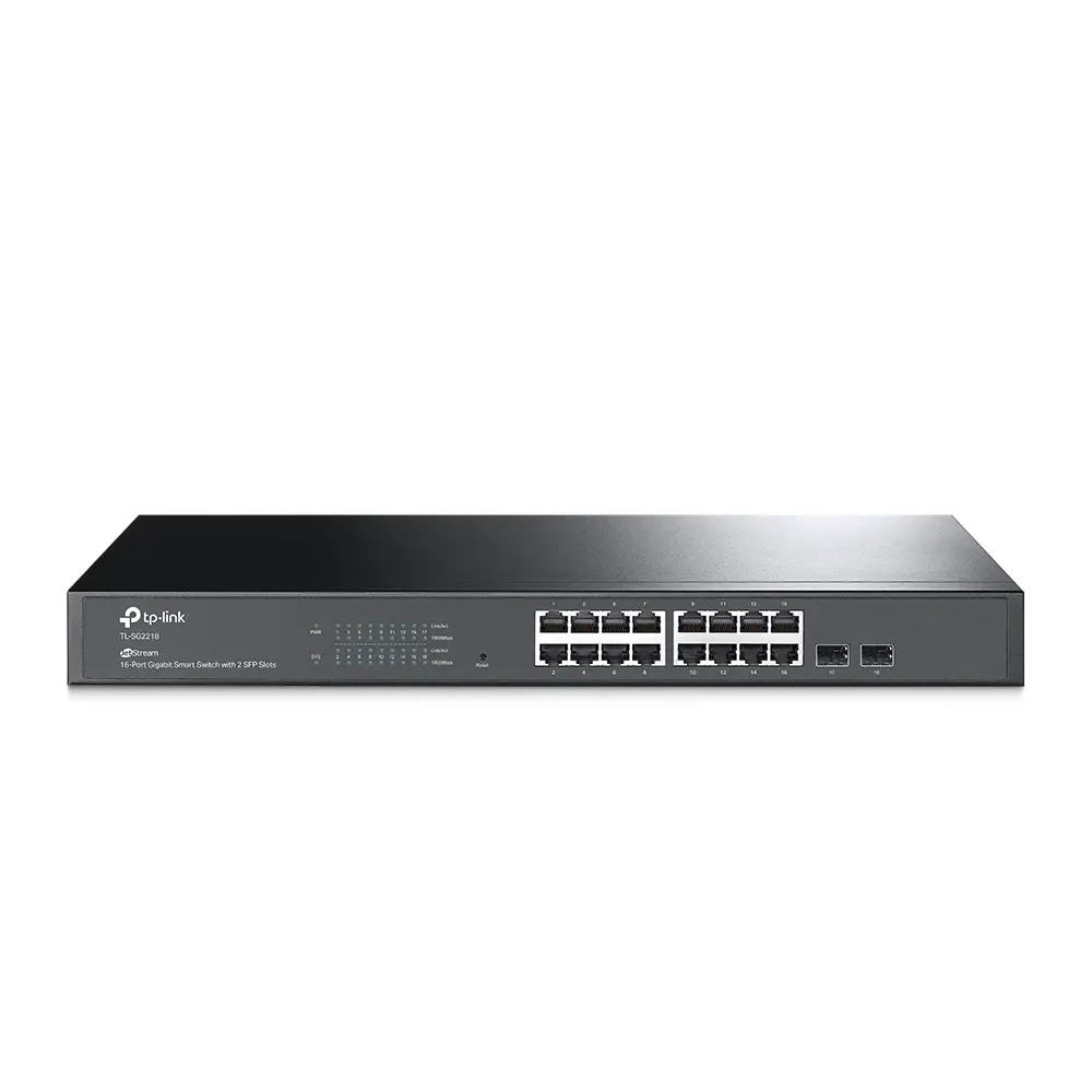 TP-Link SG2218 Omada 16-Port Gigabit Smart Switch with 2 SFP Slots, 16×G RJ45 ports and 2×G SFP slots, Fanless, Zero-Touch Provisioning, 802.1Q VLAN, STP/RSTP/MSTP, Omada App, Static Routing, Rack Mountable, 802.1p/DSCP QoS, ACL, 802.1x, CLI, SNMP