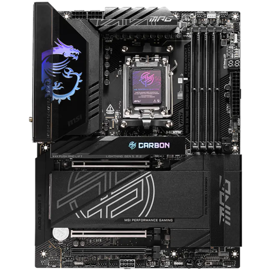 MSI MPG X870E CARBON WIFI, ATX, Socket AM5, 4x DDR5 Dual Channel DDR5 up to 8400(OC)MHz, 3x PCIe 3.0 x16 slot, 4x M.2 slot, 9x USB 10Gbps, 2x 10Gbps Type-C, 2x 40Gbps Type-C, HDMI, 7.1 HD Audio, 2.5+5G LAN, WiFI 7, BT, 3Y - image 1