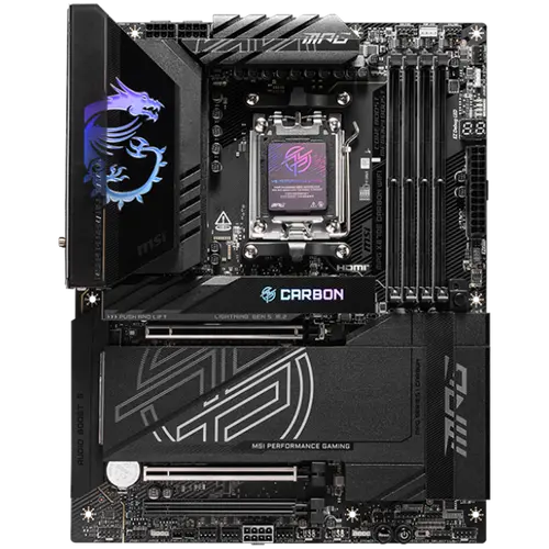 MSI MPG X870E CARBON WIFI, ATX, Socket AM5, 4x DDR5 Dual Channel DDR5 up to 8400(OC)MHz, 3x PCIe 3.0 x16 slot, 4x M.2 slot, 9x USB 10Gbps, 2x 10Gbps Type-C, 2x 40Gbps Type-C, HDMI, 7.1 HD Audio, 2.5+5G LAN, WiFI 7, BT, 3Y - image 1