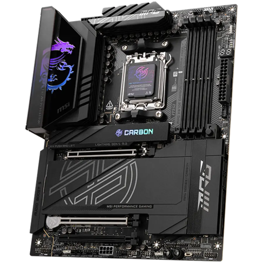 MSI MPG X870E CARBON WIFI, ATX, Socket AM5, 4x DDR5 Dual Channel DDR5 up to 8400(OC)MHz, 3x PCIe 3.0 x16 slot, 4x M.2 slot, 9x USB 10Gbps, 2x 10Gbps Type-C, 2x 40Gbps Type-C, HDMI, 7.1 HD Audio, 2.5+5G LAN, WiFI 7, BT, 3Y - image 2