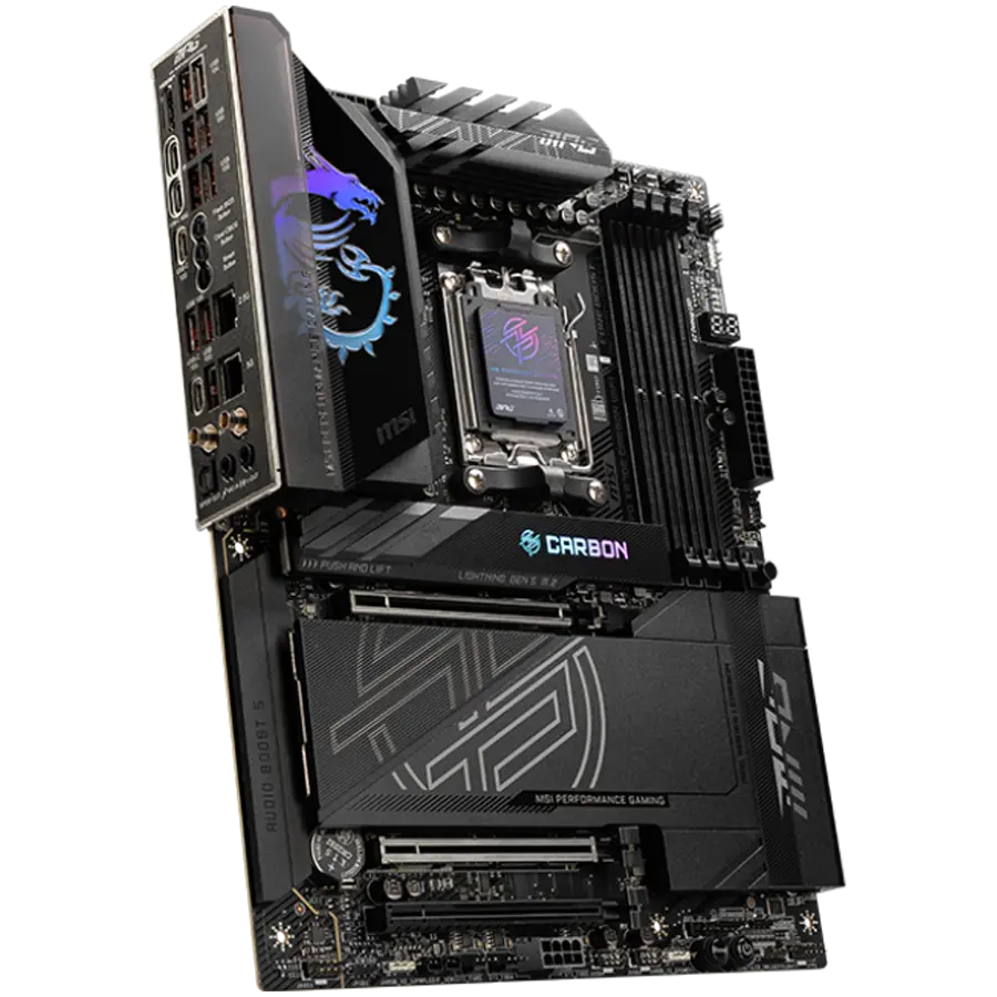 MSI MPG X870E CARBON WIFI, ATX, Socket AM5, 4x DDR5 Dual Channel DDR5 up to 8400(OC)MHz, 3x PCIe 3.0 x16 slot, 4x M.2 slot, 9x USB 10Gbps, 2x 10Gbps Type-C, 2x 40Gbps Type-C, HDMI, 7.1 HD Audio, 2.5+5G LAN, WiFI 7, BT, 3Y - image 3