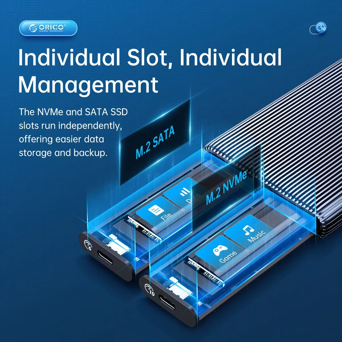 Orico външна кутия за диск Storage - Case - M.2 NVMe Dual-Bay - USB-C 10Gbps, Aluminium - AM2C3-2N-GY - image 5