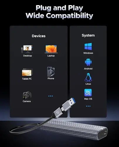 Orico външна кутия за диск Storage - Case - M.2 NVMe M key - USB-C/A, 40Gbps, Built-in Air Cooling, Aluminium - ACOM2-U4-GY - image 4