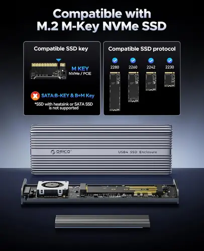 Orico външна кутия за диск Storage - Case - M.2 NVMe M key - USB-C/A, 40Gbps, Built-in Air Cooling, Aluminium - ACOM2-U4-GY - image 7