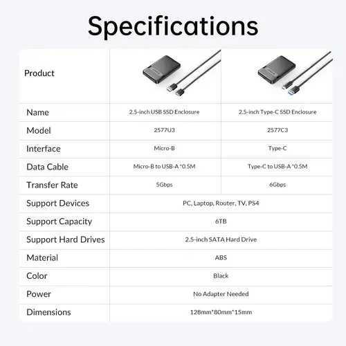Orico θήκη δίσκου Αποθήκευση - Θήκη - 2.5 inch USB-C - 2577C3-V1-BK - 16