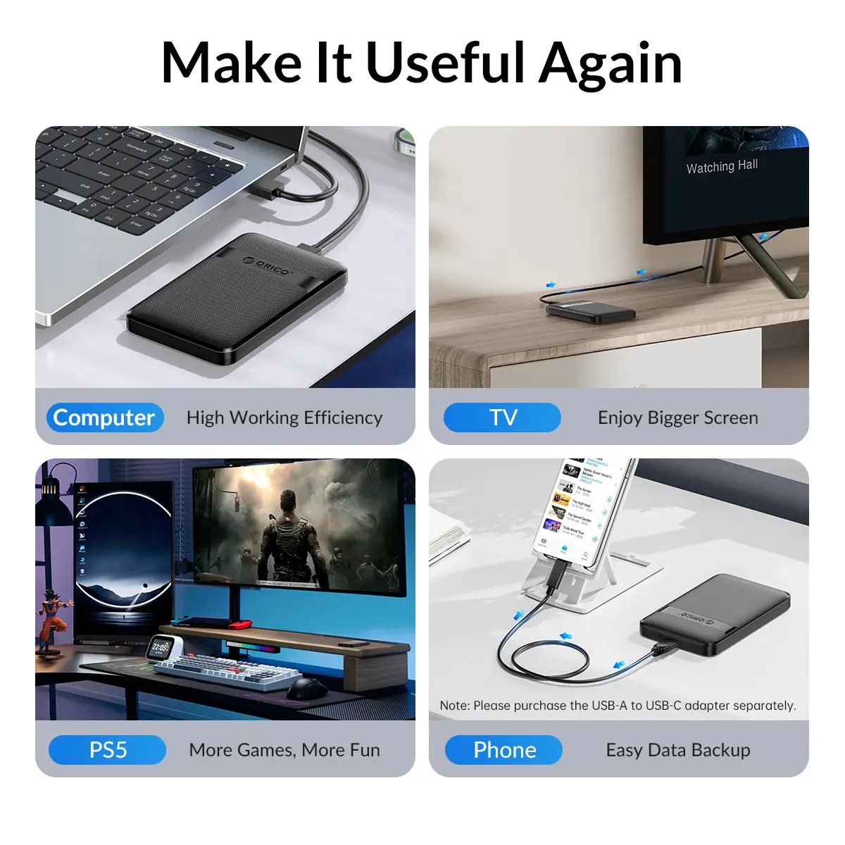 Orico кутия за диск Storage - Case - 2.5 inch USB-C - 2577C3-V1-BK - image 5