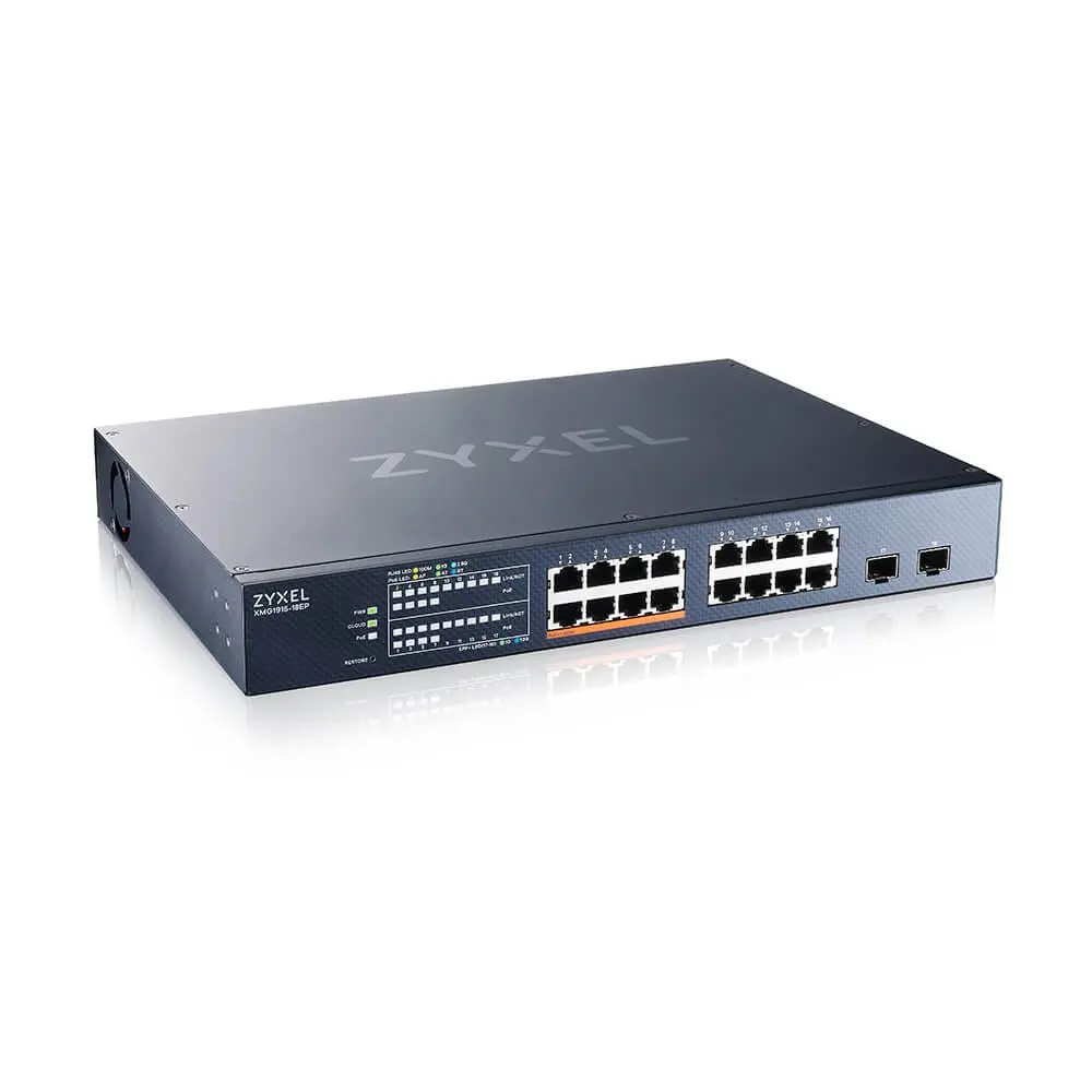 Комутатор, ZyXEL XMG1915-18EP, 16-port 2.5GbE, 2 SFP+, 8 x PoE++ 180W Smart Switch, hybird mode, standalone or NebulaFlex Cloud