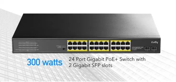 Switch Cudy GS1028PS2, 24 porturi, 10/100/1000, 24× GbE cu PoE 802.3at/af, 2× Uplink SFP, moduri Default/VLAN/Extend, pentru rack de 19" - image 1