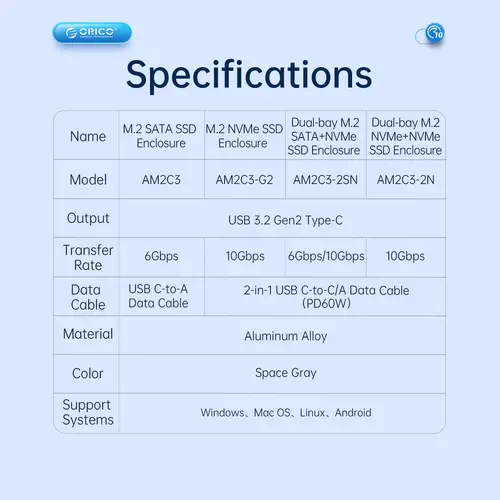 Orico външна кутия за диск Storage - Case - M.2 NVMe M-key 10 Gbps, Aluminium - AM2C3-G2-GY - image 15