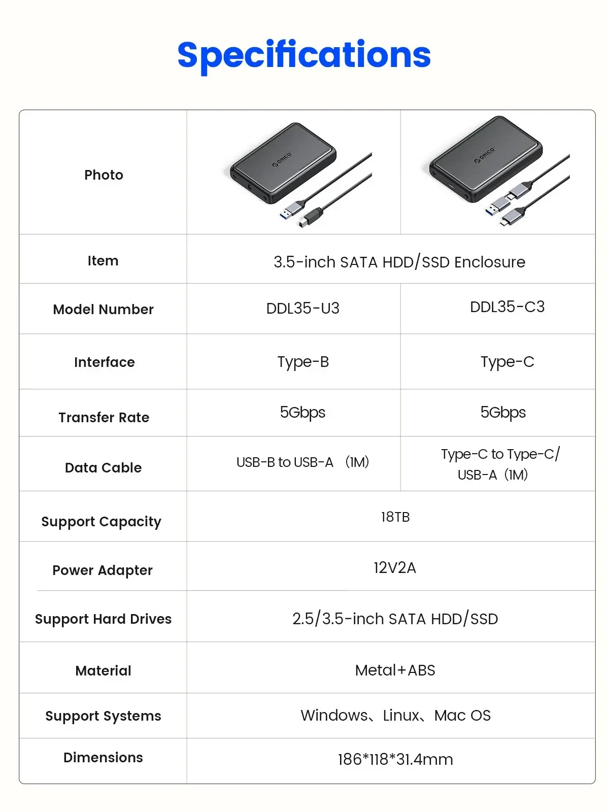 Orico кутия за диск Storage - Case - 3.5 inch USB-C black - DDL35-C3-EU-BK - image 12