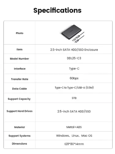 Orico външна кутия за диск Storage - Case - 2.5 inch USB-C/A Black - DDL25-C3-BK - image 9