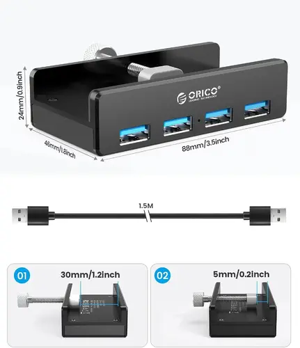 Orico хъб USB 3.0 HUB Clip Type 4 port - aux Micro-USB power input, Black - MH4PU-P-BK - image 1