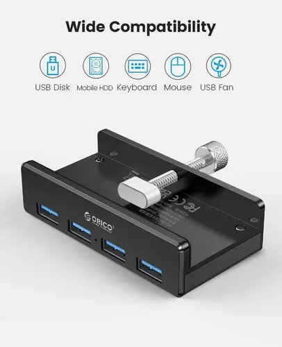 Orico хъб USB 3.0 HUB Clip Type 4 port - aux Micro-USB power input, Black - MH4PU-P-BK - image 2