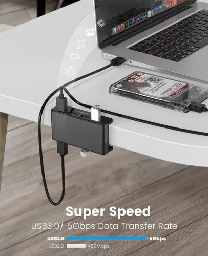 Orico хъб USB 3.0 HUB Clip Type 4 port - aux Micro-USB power input, Black - MH4PU-P-BK - image 6
