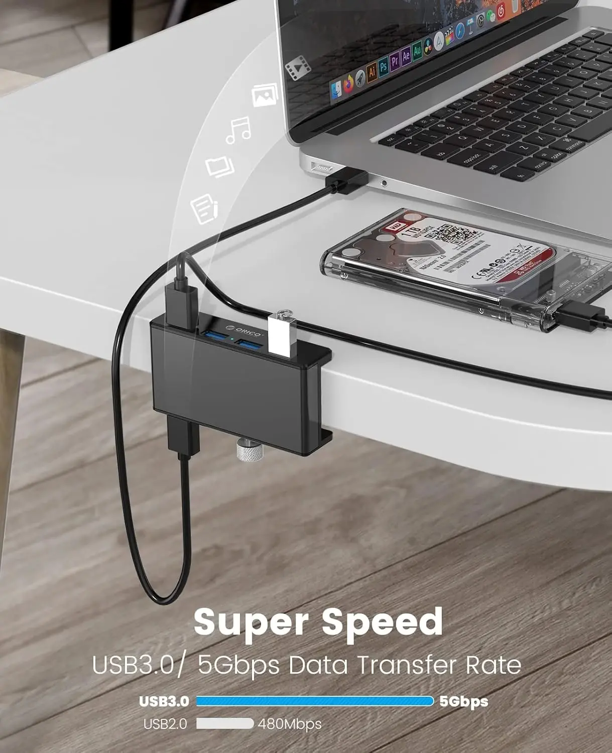 Orico хъб USB 3.0 HUB Clip Type 4 port, Black - MH4PU-BK - image 5