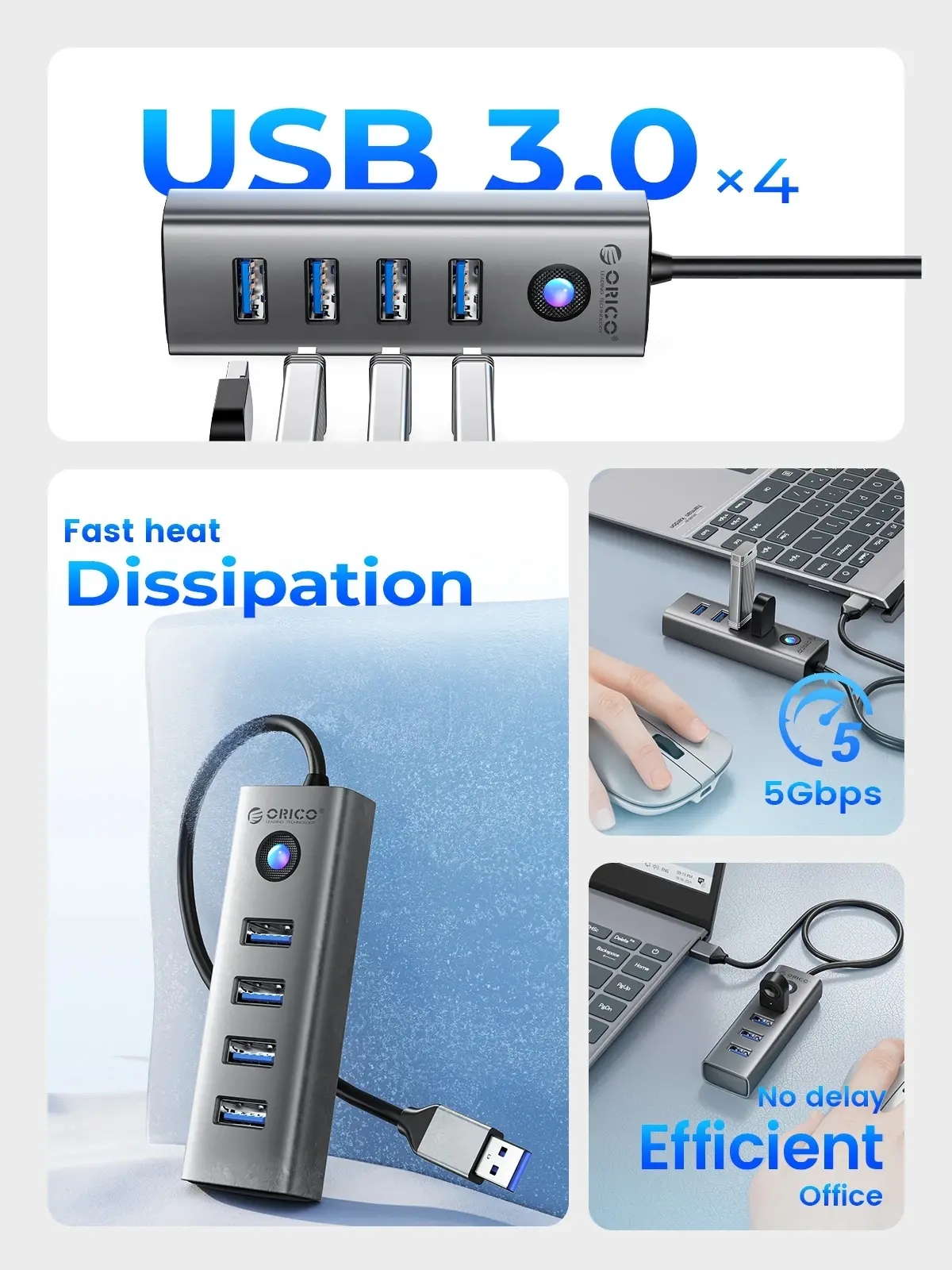 Orico хъб HUB USB3.0 4 port, Aluminium, Grey - PDD4U-U3-015-GY - image 3
