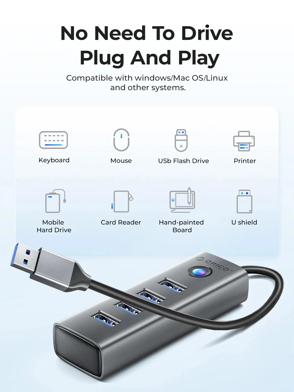 Orico хъб HUB USB3.0 4 port, Aluminium, Grey - PDD4U-U3-015-GY - image 6
