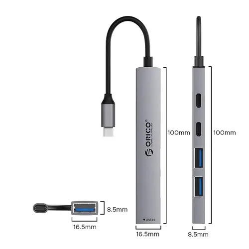 Orico хъб HUB USB-C 5 port - USB3.0 x 1, USB2.0 x 2, USB-C x 2, Aluminium - YSB4-U2-GY - image 1