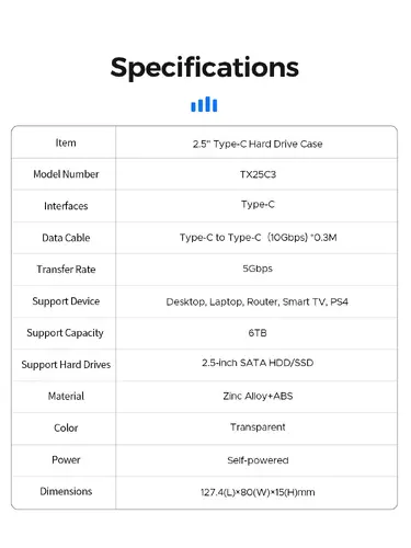 Orico външна кутия за диск Storage - Case - 2.5 inch 5Gbps USB-C Transparent - TX25C3-GY-BP - image 15
