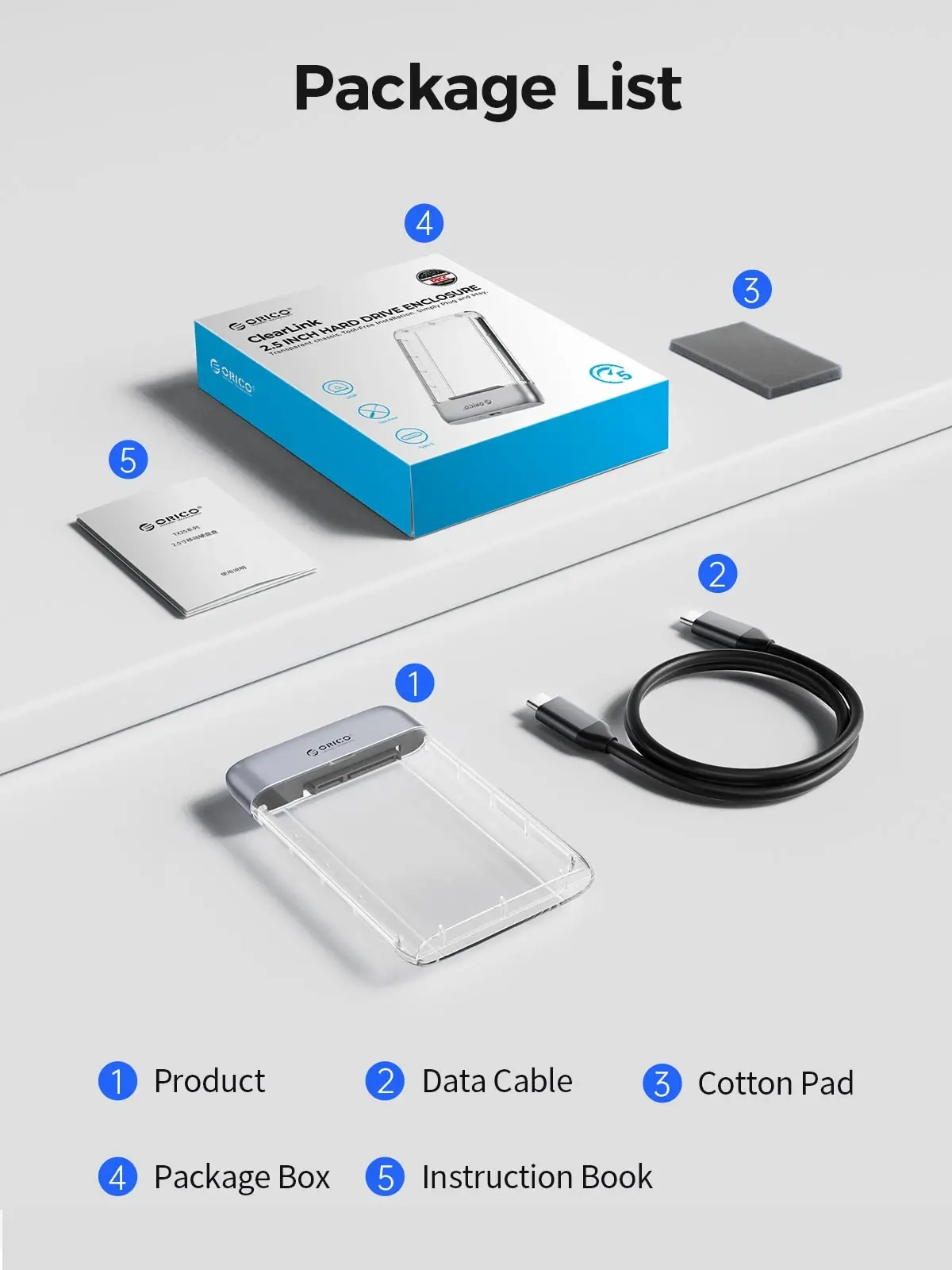 Orico външна кутия за диск Storage - Case - 2.5 inch 5Gbps USB-C Transparent - TX25C3-GY-BP - image 16