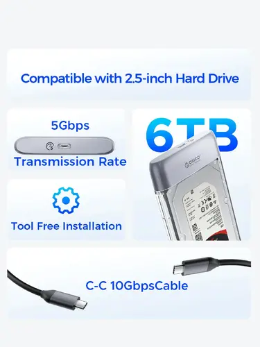 Orico външна кутия за диск Storage - Case - 2.5 inch 5Gbps USB-C Transparent - TX25C3-GY-BP - image 3