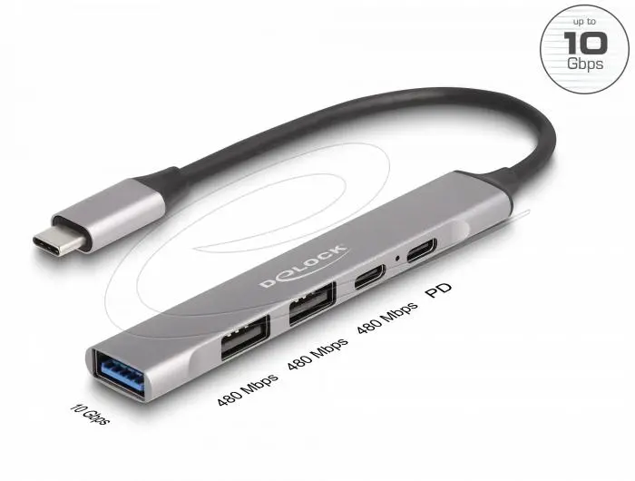Delock Hub USB-C, 4 θύρες, 1 x USB-A 10 Gbps, 2 x USB-A, 1 x USB-C, USB-C PD 95 W