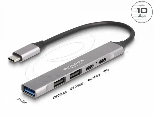 Delock Hub USB-C, 4 θύρες, 1 x USB-A 10 Gbps, 2 x USB-A, 1 x USB-C, USB-C PD 95 W - 1