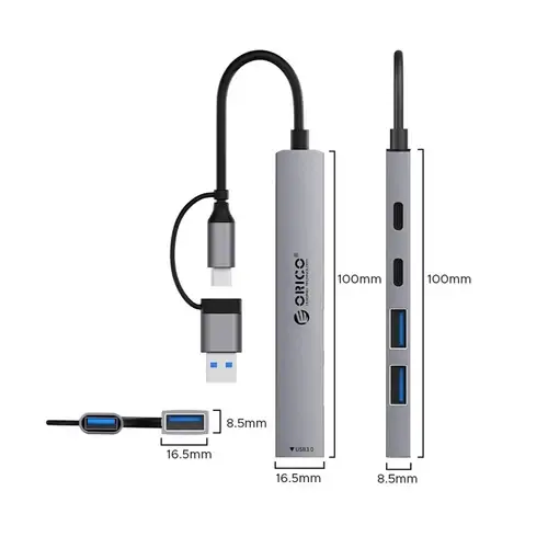 Orico хъб HUB USB-C 5 port - USB3.0 x 1, USB2.0 x 2, USB-C x 2, Aluminium - YSA4-U2-GY - image 1