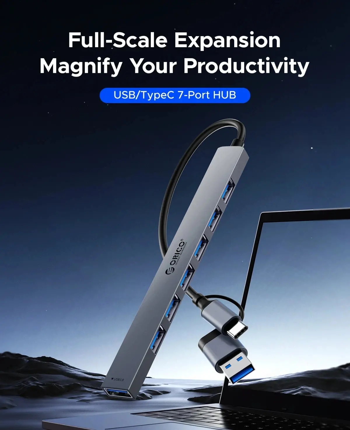 Orico хъб HUB USB-C 5 port - USB3.0 x 1, USB2.0 x 2, USB-C x 2, Aluminium - YSA4-U2-GY - image 2