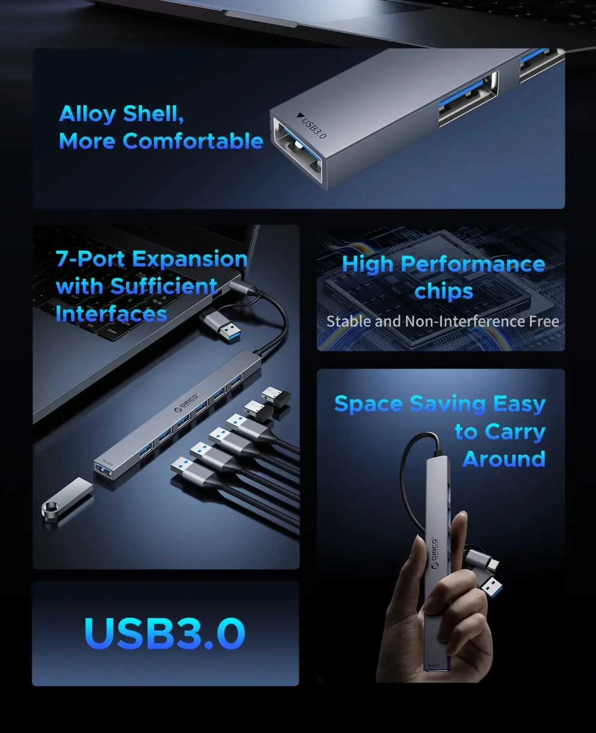 Orico хъб HUB USB-C 5 port - USB3.0 x 1, USB2.0 x 2, USB-C x 2, Aluminium - YSA4-U2-GY - image 3