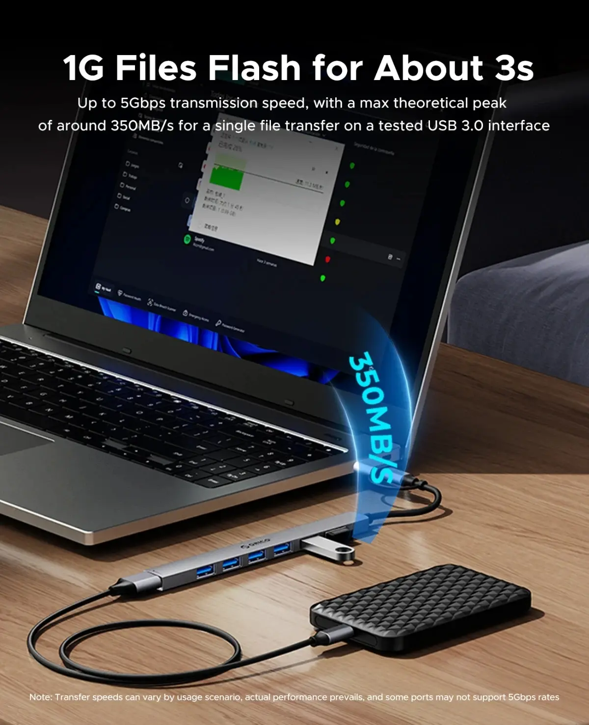 Orico хъб HUB USB-C 5 port - USB3.0 x 1, USB2.0 x 2, USB-C x 2, Aluminium - YSA4-U2-GY - image 4