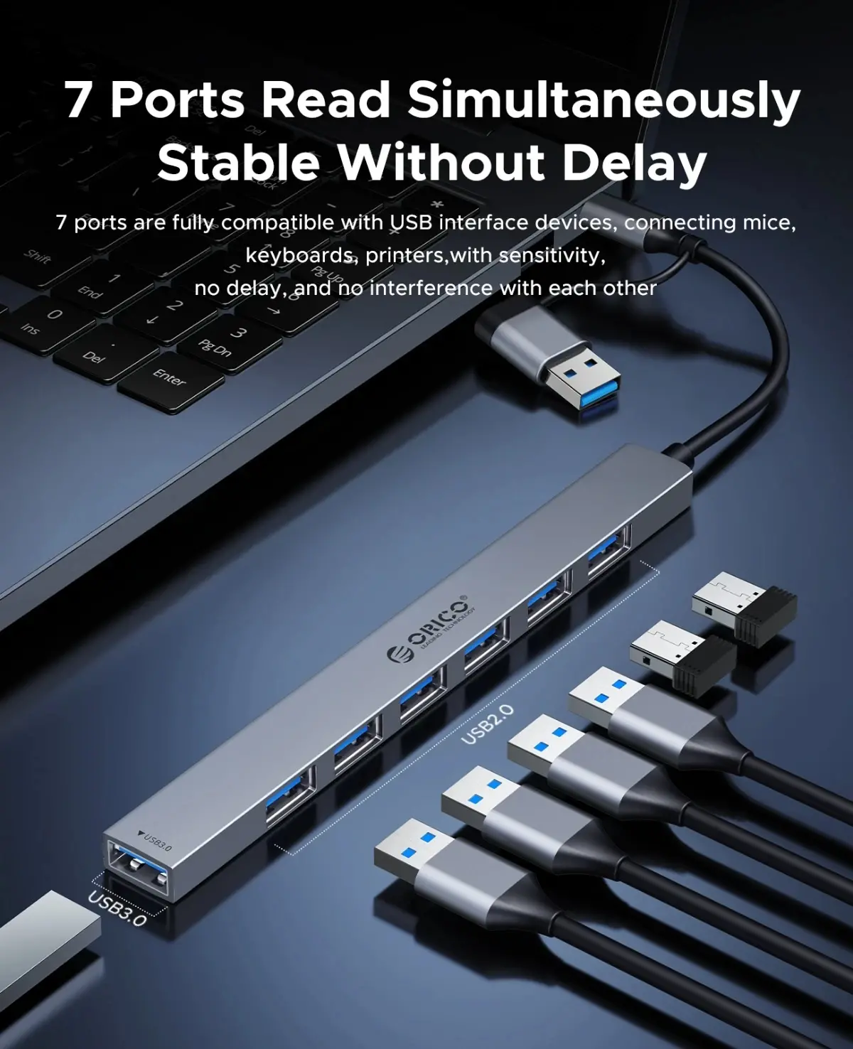 Orico хъб HUB USB-C 5 port - USB3.0 x 1, USB2.0 x 2, USB-C x 2, Aluminium - YSA4-U2-GY - image 5