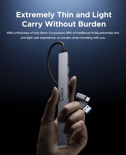 Orico хъб HUB USB-C 5 port - USB3.0 x 1, USB2.0 x 2, USB-C x 2, Aluminium - YSA4-U2-GY - image 7