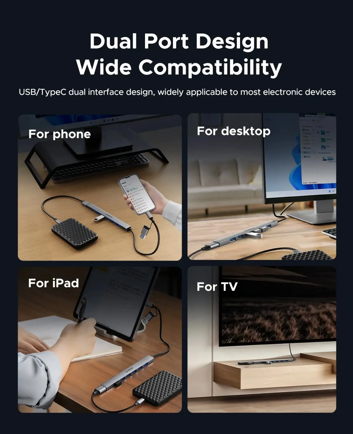 Orico хъб HUB USB-C 5 port - USB3.0 x 1, USB2.0 x 2, USB-C x 2, Aluminium - YSA4-U2-GY - image 8