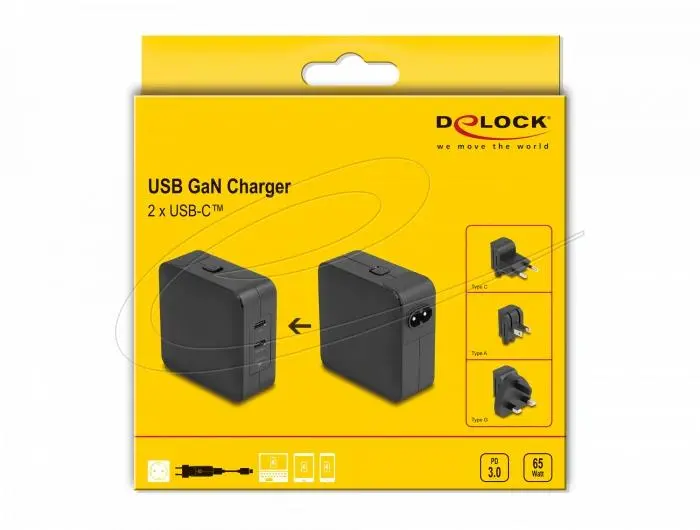 Delock Зарядно устройство GaN, 2 x USB-C, PD 65 W, адаптер за EU / US / UK - image 4