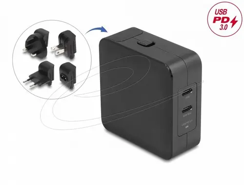 Delock Încărcător GaN, 2 x USB-C, PD 65 W, adaptor pentru EU / US / UK - 1