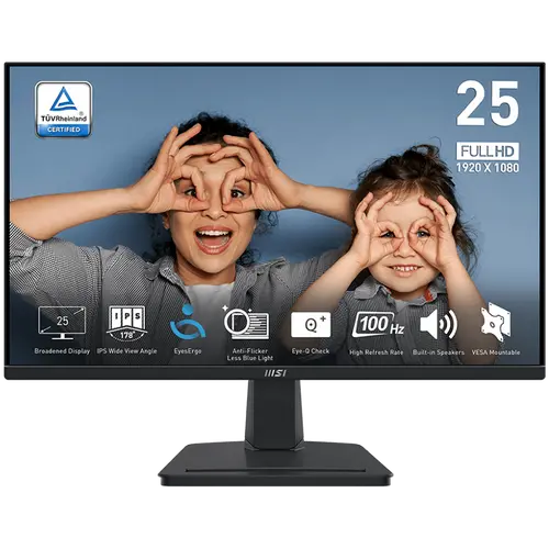 MSI PRO MP251 Professional Business Monitor, 24.5" 100Hz, FHD (1920x1080) 16:9, IPS Anti-glare, 1ms/4ms, 300nits, 1300:1, 178/178, Adaptive-Sync, Tilt, Speakers, 1x D-Sub(VGA), 1x HDMI, 3Y Warranty