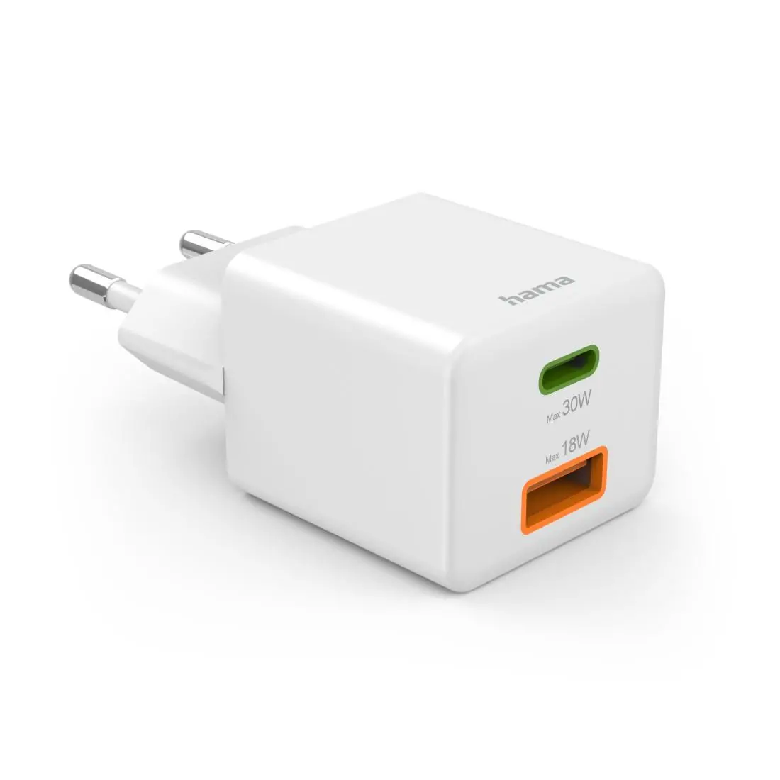 HAMA Бързо мини Gan зарядно, 30 W, 1x USB-C, 1x USB-A, PD, бял - image 1