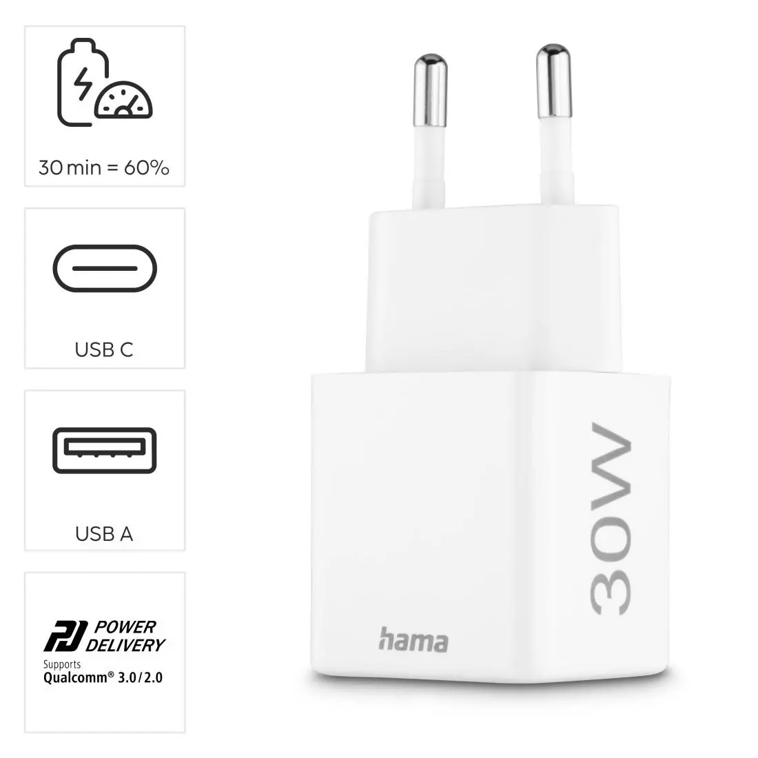HAMA Бързо мини Gan зарядно, 30 W, 1x USB-C, 1x USB-A, PD, бял - image 16
