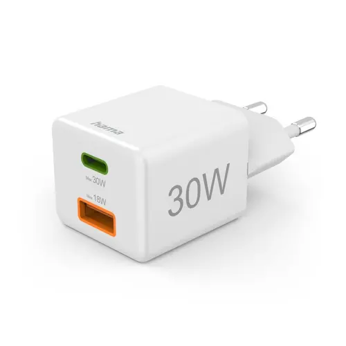 HAMA Бързо мини зарядно, 30 W, 1x USB-C, 1x USB-A, PD, бял - 1