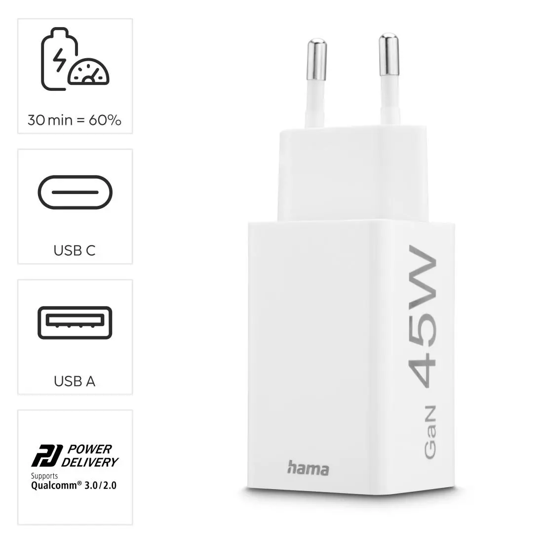 HAMA Бързо мини зарядно, 45 W, 1x USB-C - 1x USB-A, PD, бяло - image 15
