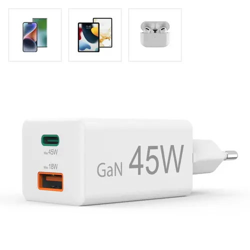 HAMA Mini încărcător rapid, 45 W, 1x USB-C - 1x USB-A, PD, alb - 20
