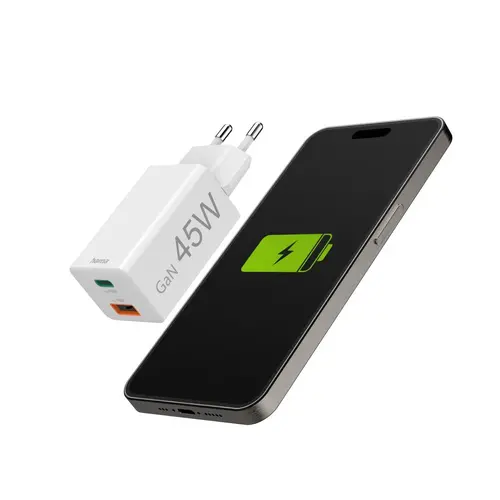 HAMA Mini încărcător rapid, 45 W, 1x USB-C - 1x USB-A, PD, alb - 9