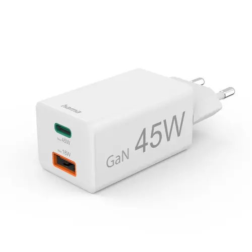 HAMA Γρήγορος μίνι φορτιστής, 45 W, 1x USB-C - 1x USB-A, PD, λευκός - 1